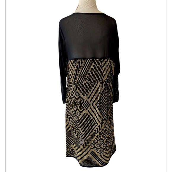 Handmade Sweater Dress Black Gold Metallic Mesh Sz 2X Midi Sweetheart Holiday - Picture 5 of 5